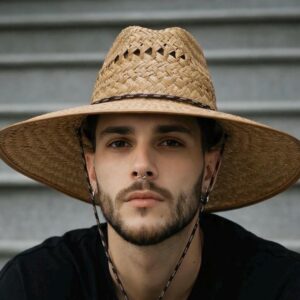 Ventilated Straw Hat, Fisherman Gardening Sun Protection, Adjustable Strap, 4.75-Inch Brim, TAN Edge.