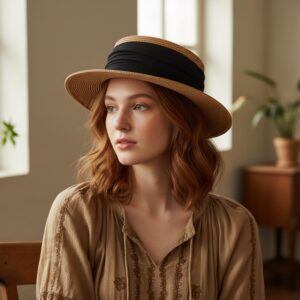 French Style Straw Boater Hat Women, Flat Top Wide Brim Sun Hat, Elegant Summer Beach Hat with Ribbon, Vintage Woven Cap