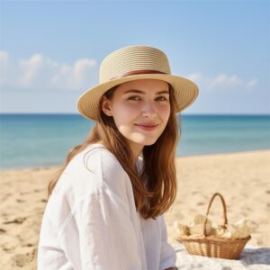Straw Boater Hat Flat Brim Sun Hat with Leather Belt, Boho Beach Hat, Summer Vacation Hat, Women Sun Hat