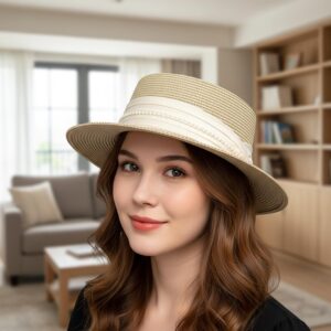 French Pearl Straw Hat Women, Audrey Hepburn Style Wide Brim Sun Hat, Elegant Summer Boater Hat for Beach Vacation UV Protection