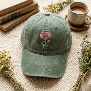 Embroidered Carnation Washed Cotton Baseball Cap, Floral Hat