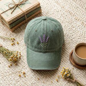Embroidered Lavender Flower Baseball Cap: Washed Cotton Summer Hat