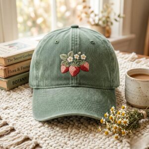 Embroidered Strawberry Baseball Cap: Washed Cotton Dad Hat
